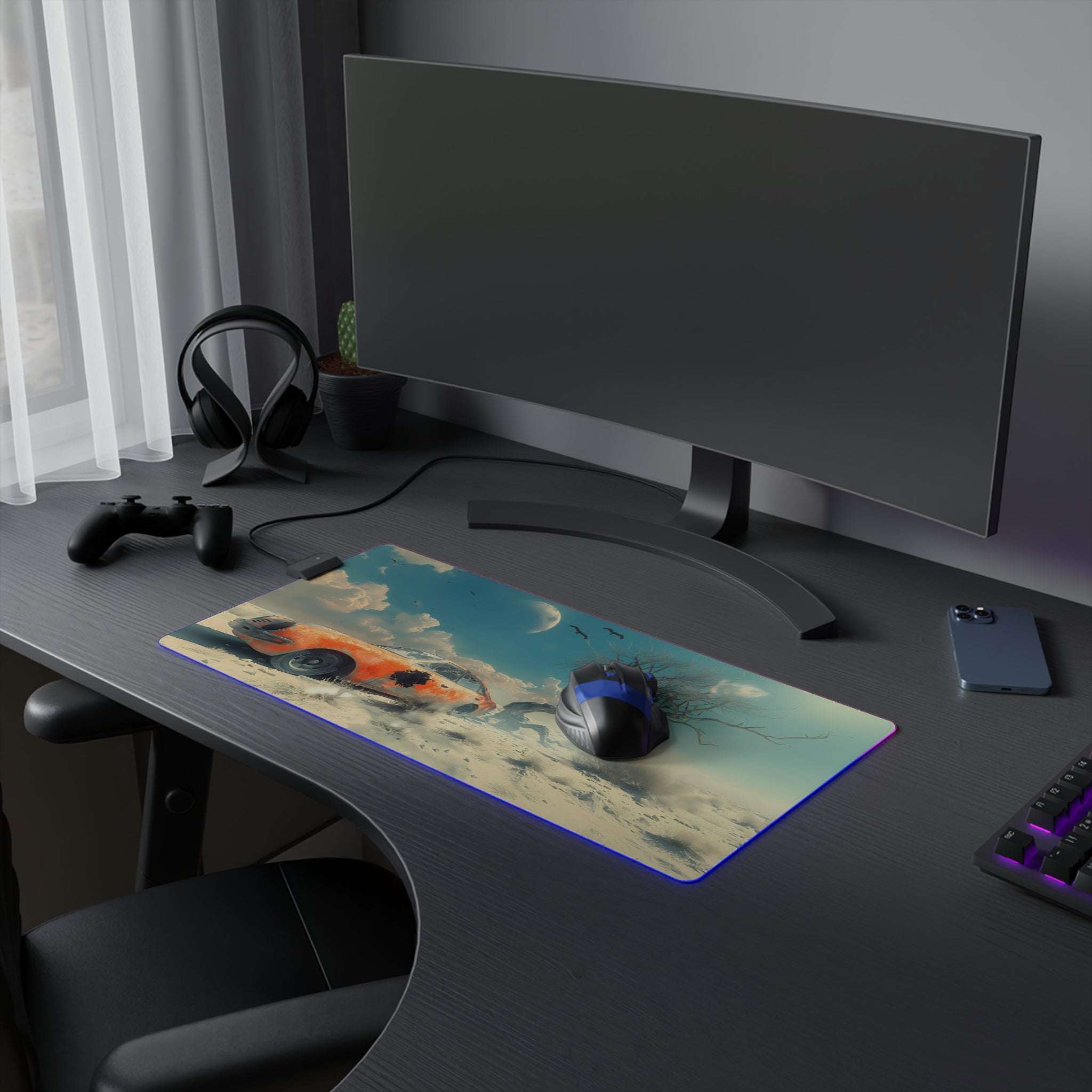 Tapis de Souris Gaming LED RGB Voiture Sport Désert - Paysage Wasteland Printify