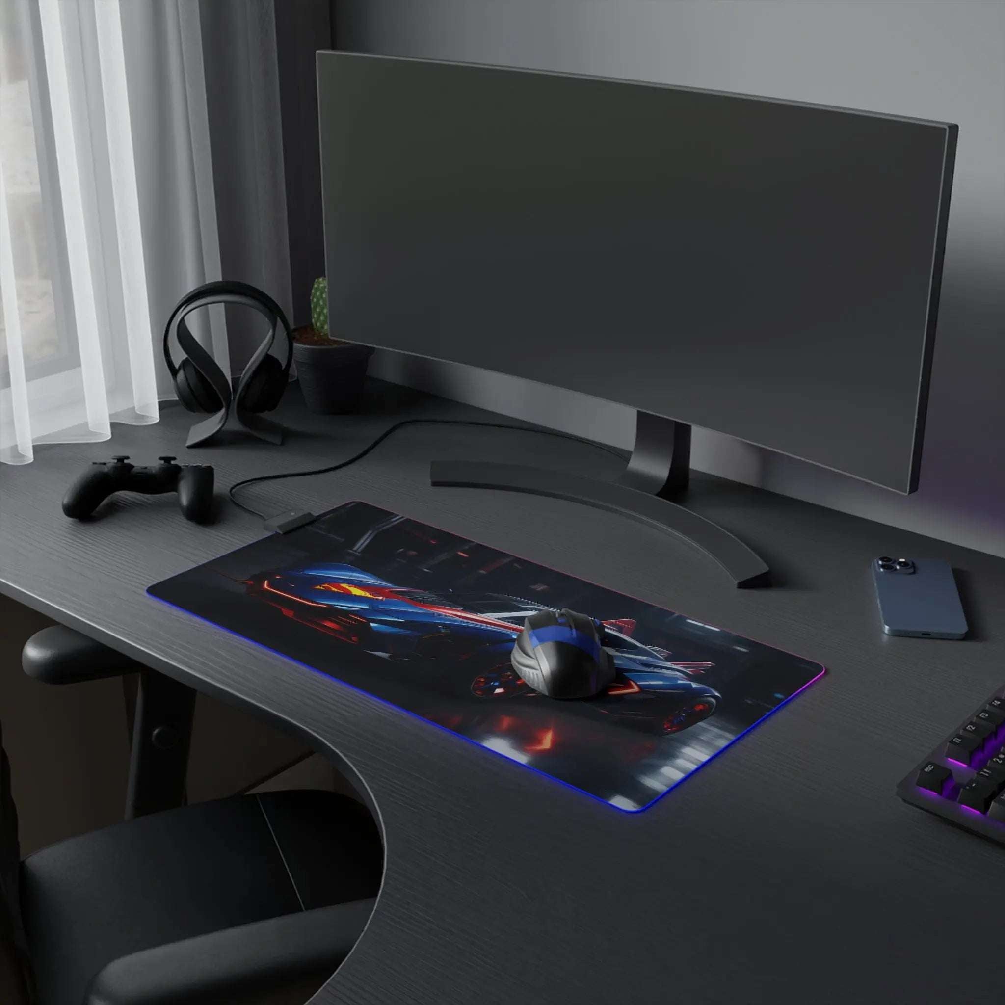 LED Gaming Mouse Pad — Neon Supercar RGB Desk Mat for Gamers Printify