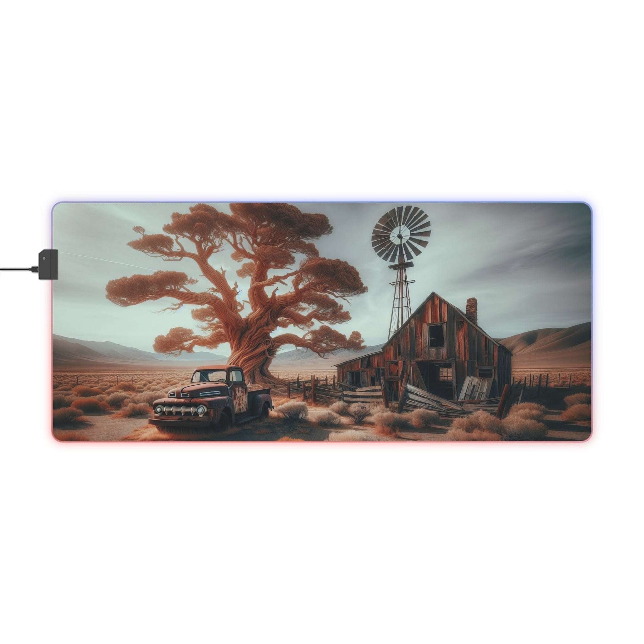 Tapis de Souris Gaming LED RGB Désert Rustique - Ferme Abandonnée Printify