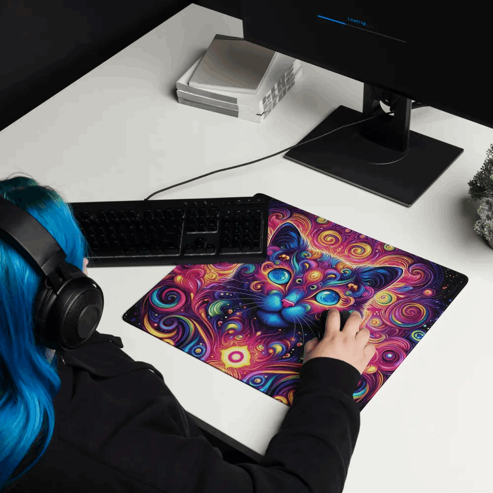 Tapis de Bureau Design Chat Fractal Multicolore – Accessoire Setup Gaming Original - PadCraftStudio