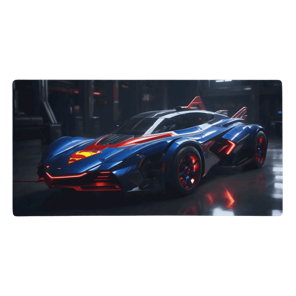 Tapis de Bureau Géant Style "Super-Car" - Thème Héros de BD Bleu et Rouge - - PadCraftStudio
