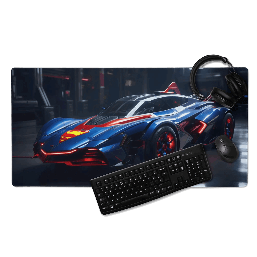 Tapis de Bureau Géant Style "Super-Car" - Thème Héros de BD Bleu et Rouge - - PadCraftStudio