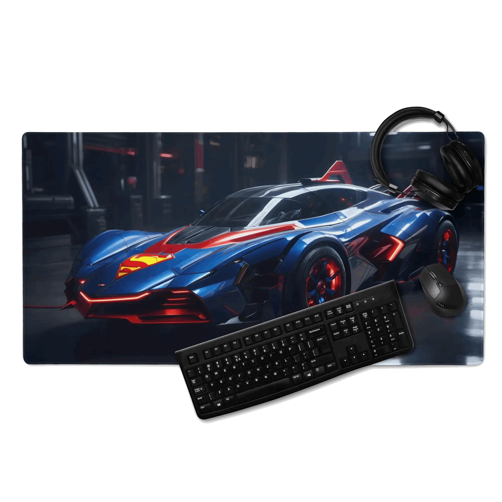 Tapis de Bureau Géant Style "Super-Car" - Thème Héros de BD Bleu et Rouge - - PadCraftStudio