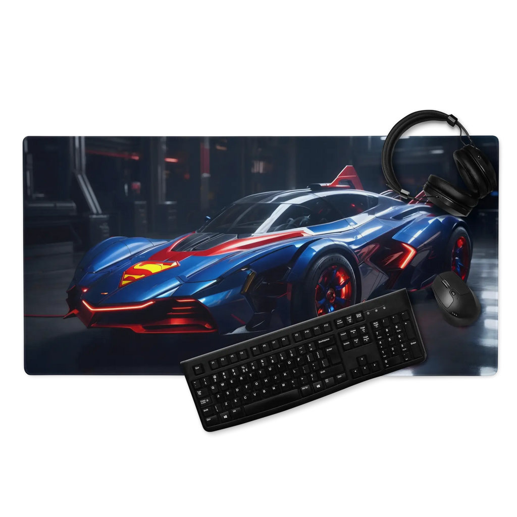 Tapis de Bureau Géant Style "Super-Car" - Thème Héros de BD Bleu et Rouge - - PadCraftStudio