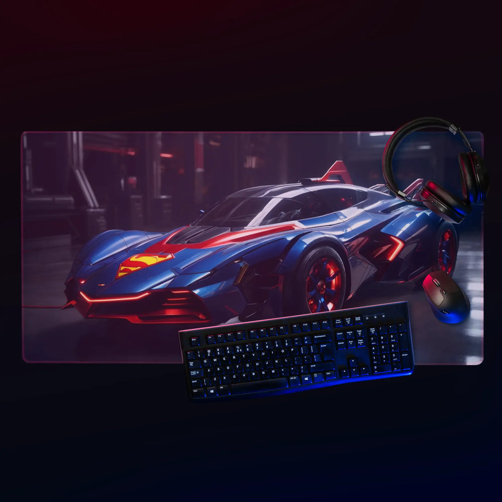Tapis de Bureau Géant Style "Super-Car" - Thème Héros de BD Bleu et Rouge - - PadCraftStudio