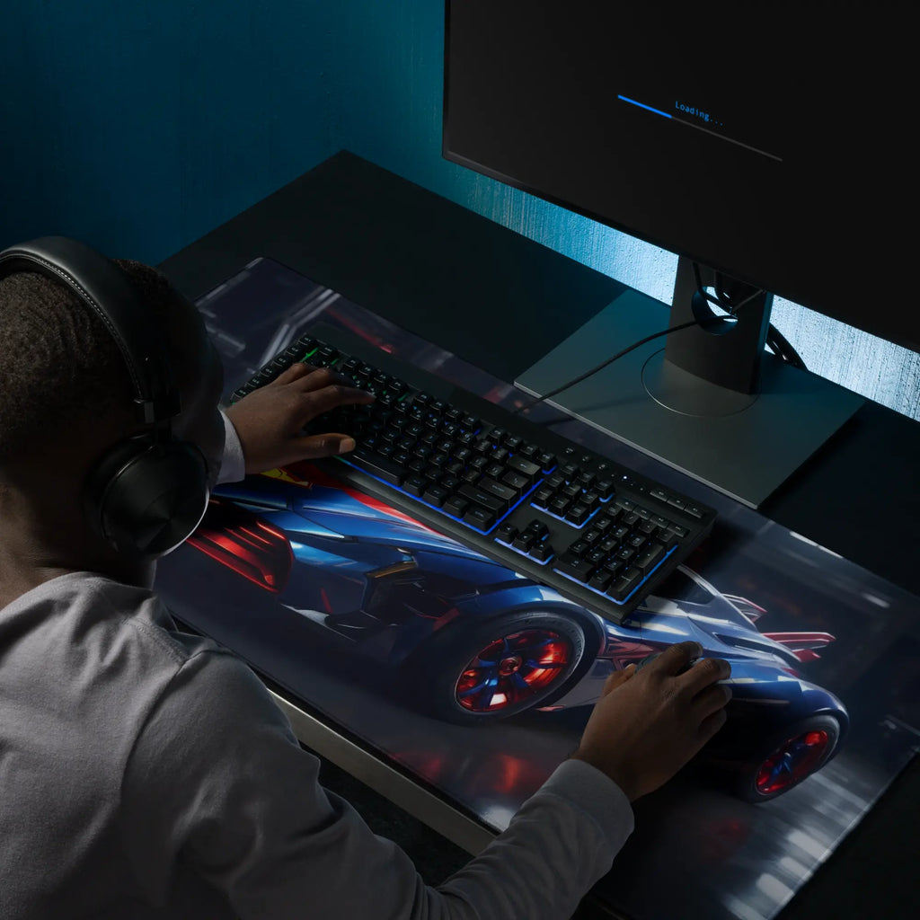 Tapis de Bureau Géant Style "Super-Car" - Thème Héros de BD Bleu et Rouge - - PadCraftStudio